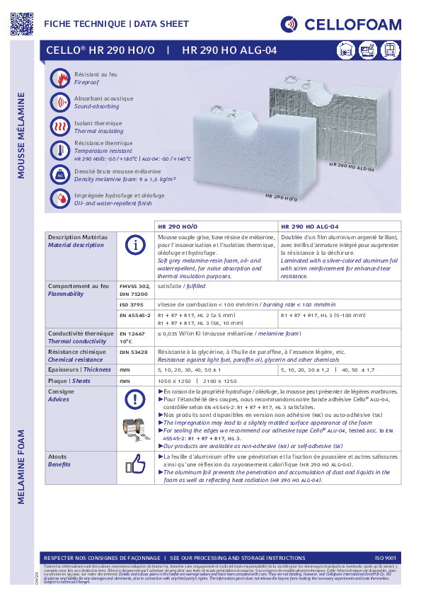 Fiche technique Cello® HR 290 HO/O